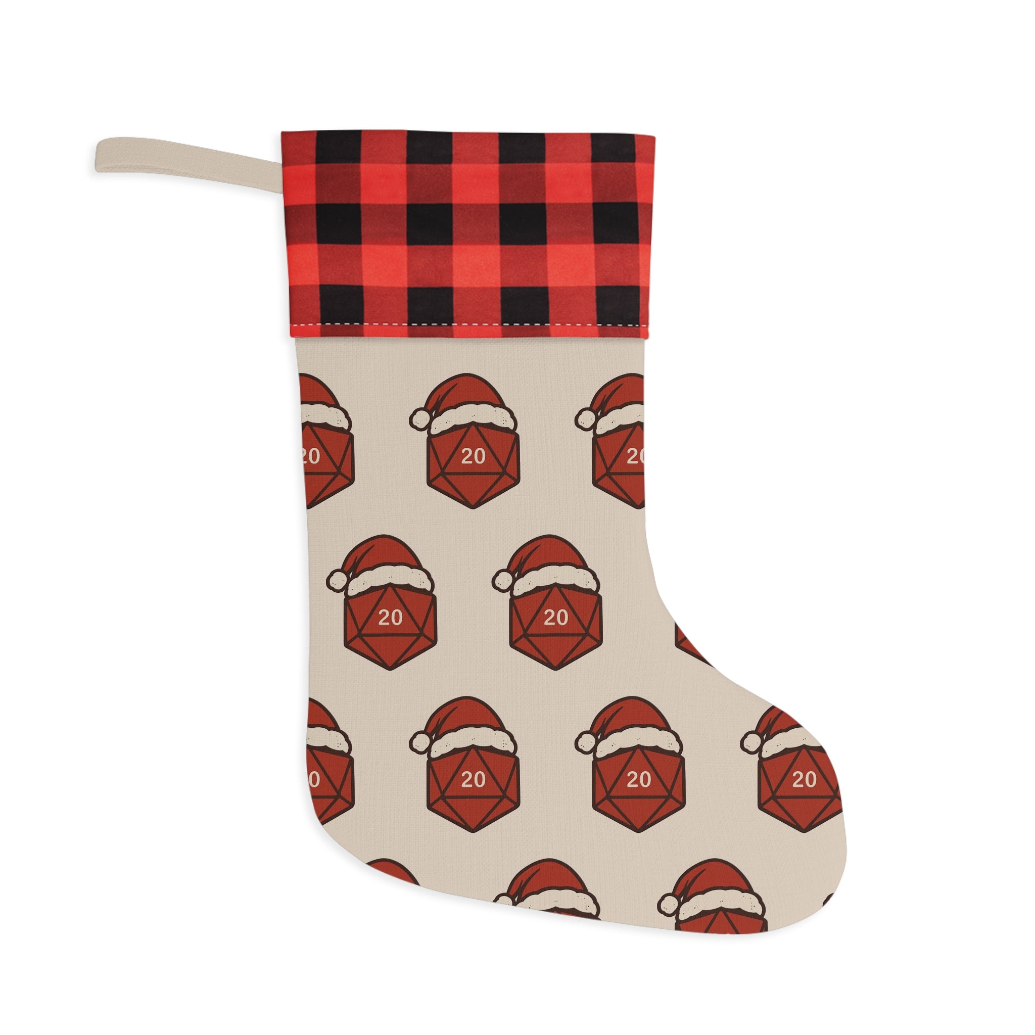 Santa Hat D20 Pattern Christmas Stocking | Plaid Cuff Holiday Stocking
