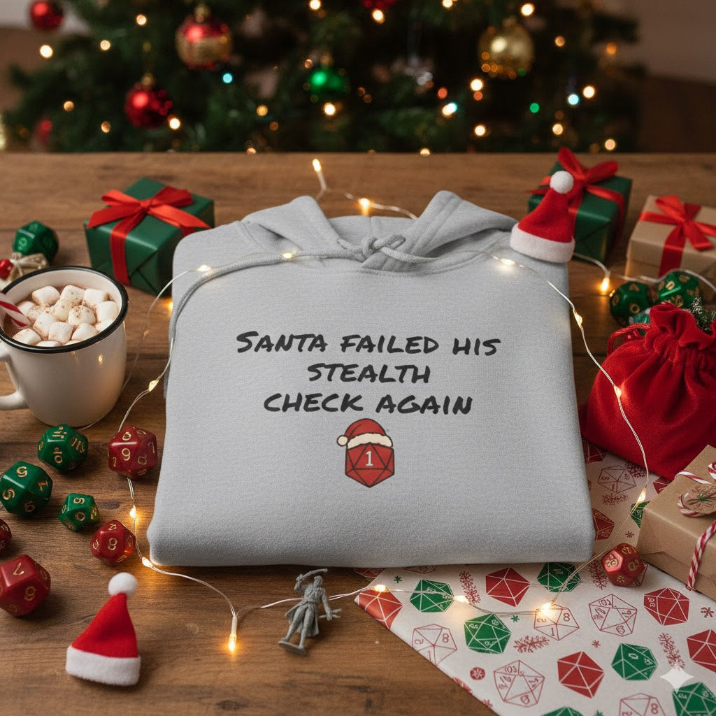 D20 Santa Failed His Stealth Check Hoodie, Funny Christmas Gaming Sweatshirt, May Your Rolls Be Merry, Unisex Hooded Jumper, Santa Hat