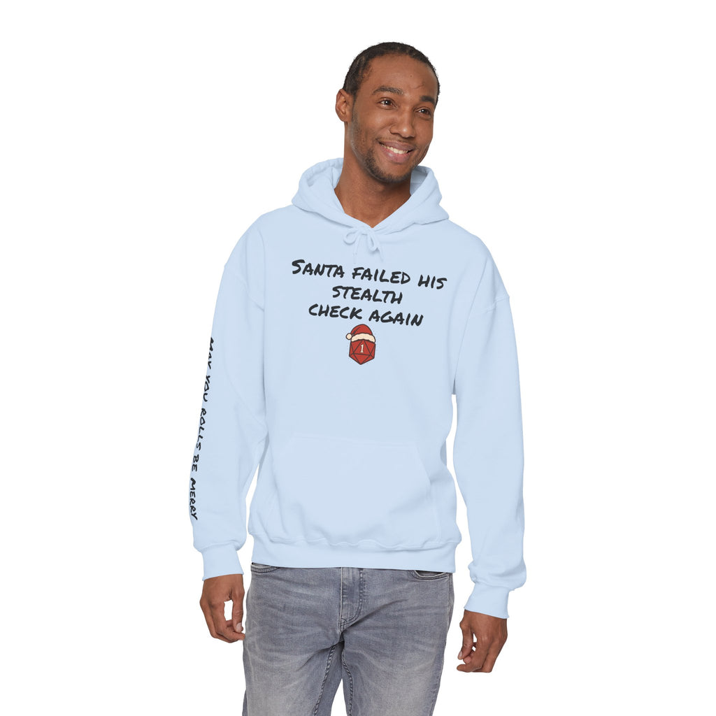D20 Santa Failed His Stealth Check Hoodie, Funny Christmas Gaming Sweatshirt, May Your Rolls Be Merry, Unisex Hooded Jumper, Santa Hat